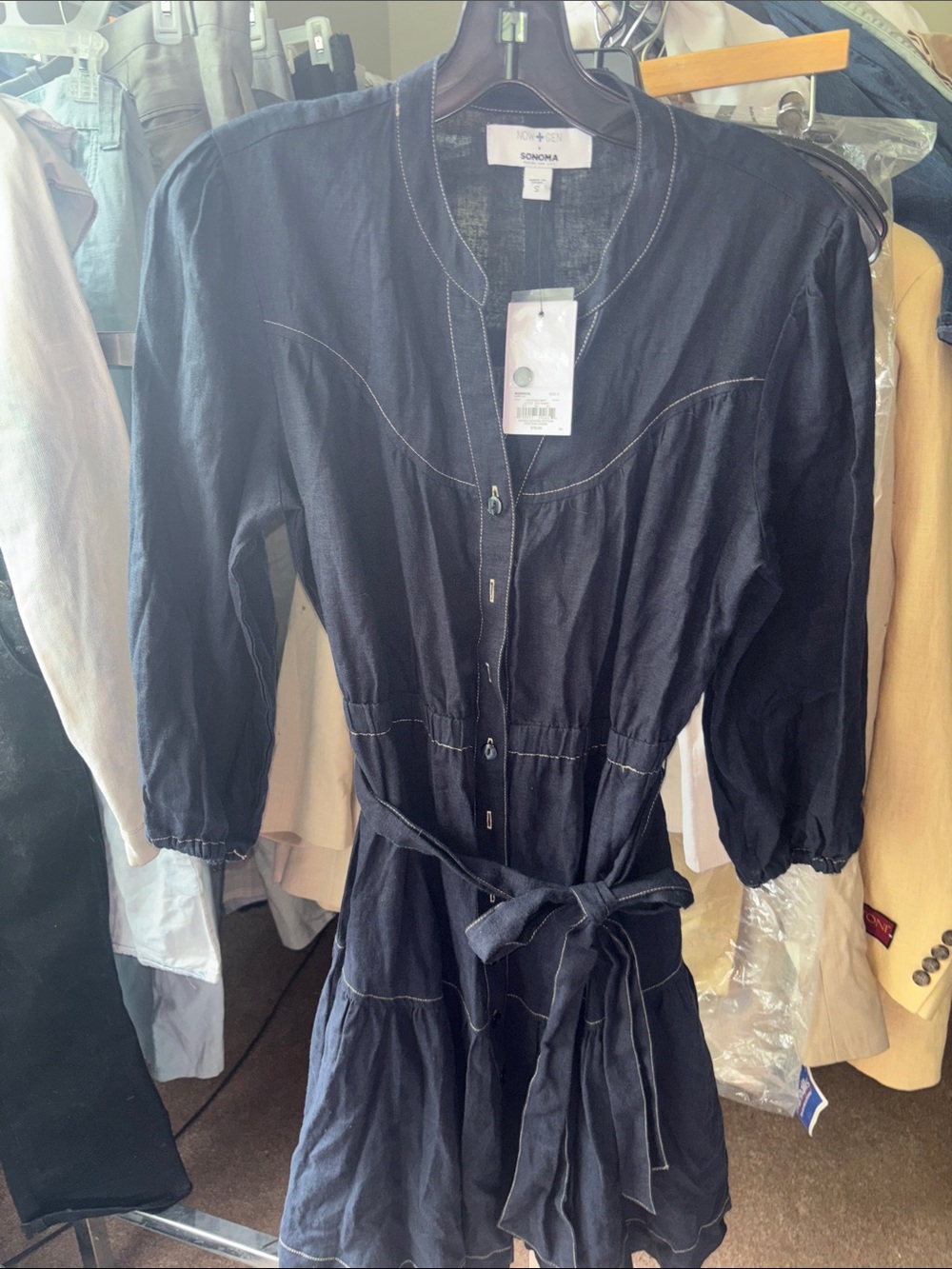 Sonoma Navy Button-Front Tie-Waist Tunic Dress